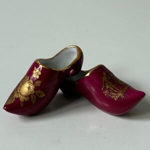 Miniature Collectible Vintage Limoges France Ceramic Gold and Burgundy Clogs